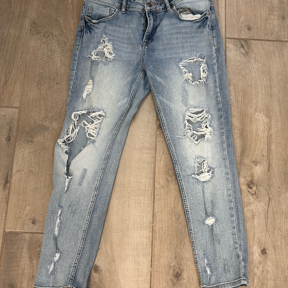 Blue Ankle Cropped Distressed Jeans